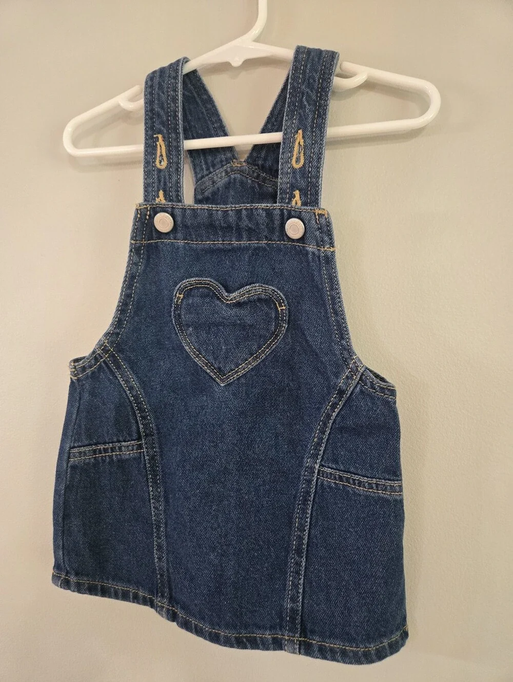 Old Navy Dark Blue Denim Overall Dress with Heart Patch 12-18M